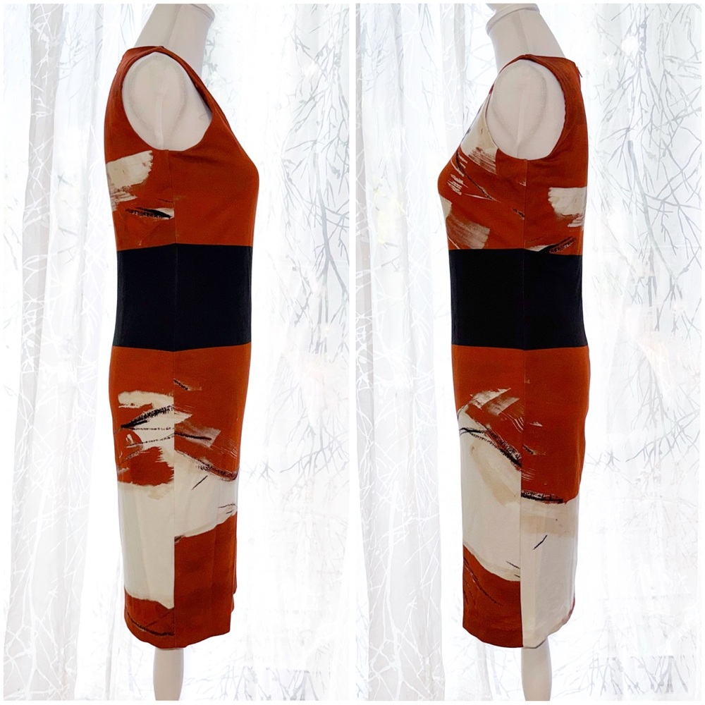 MAXMARA BROWN BLACK WHITE PRINT SLEEVELESS ROUND NECK SLIM FIT SHIFT MIDI DRESS - Picture 3 of 9